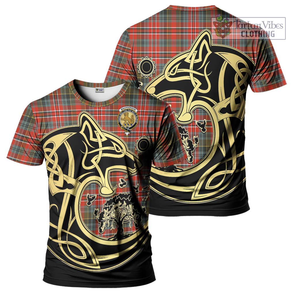 Tartan Vibes Clothing MacPherson Weathered Tartan T-Shirt with Family Crest Celtic Wolf Style