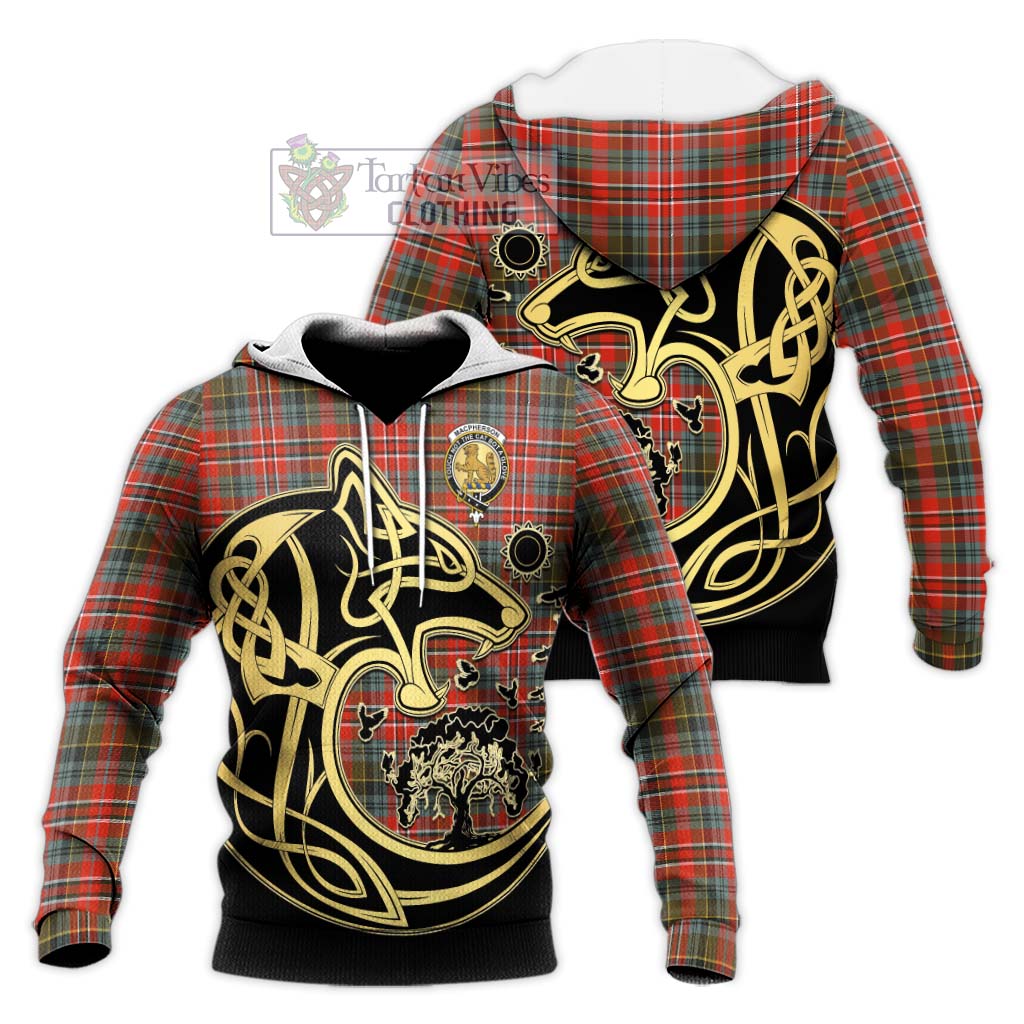 Tartan Vibes Clothing MacPherson Weathered Tartan Knitted Hoodie with Family Crest Celtic Wolf Style
