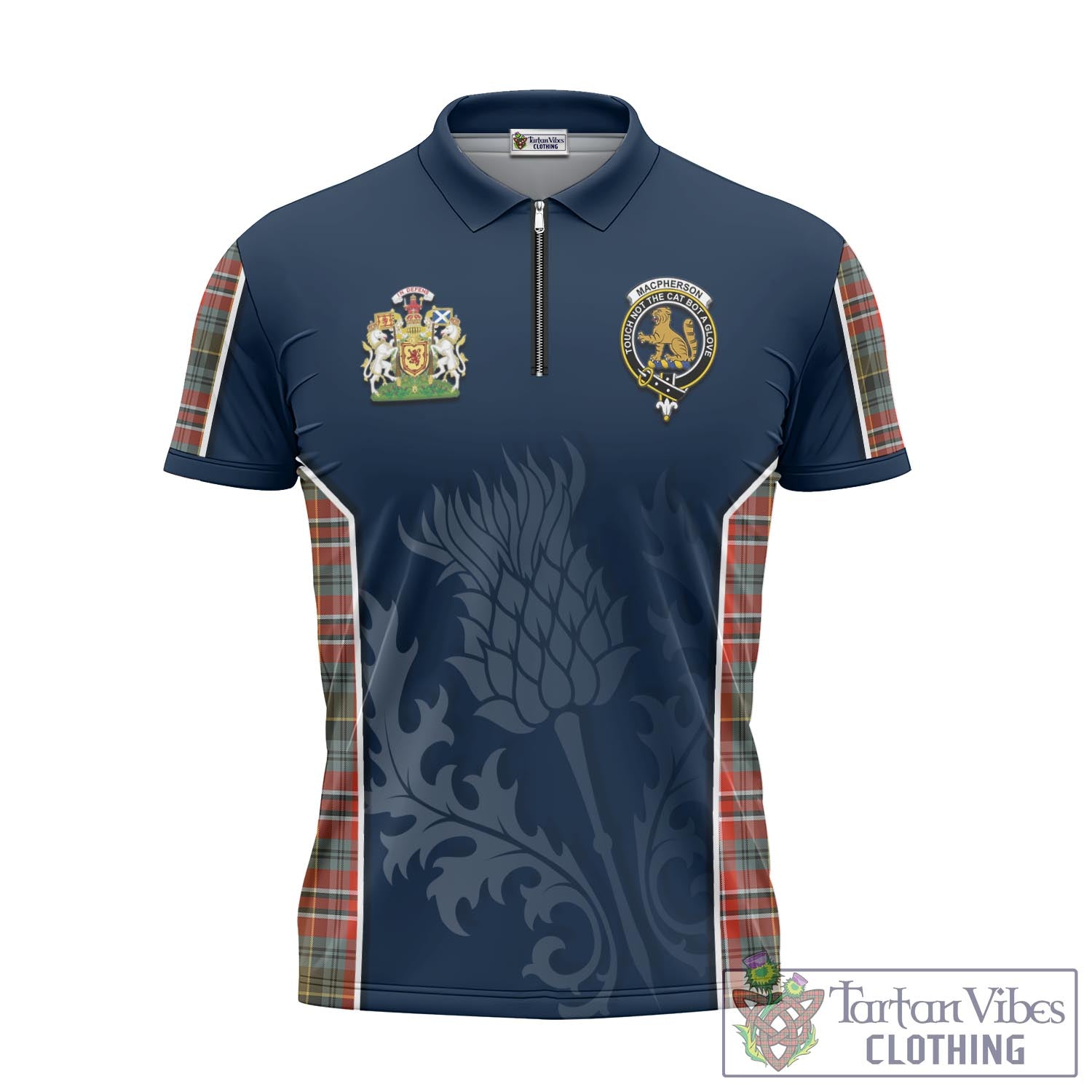 Tartan Vibes Clothing MacPherson Weathered Tartan Zipper Polo Shirt with Family Crest and Scottish Thistle Vibes Sport Style