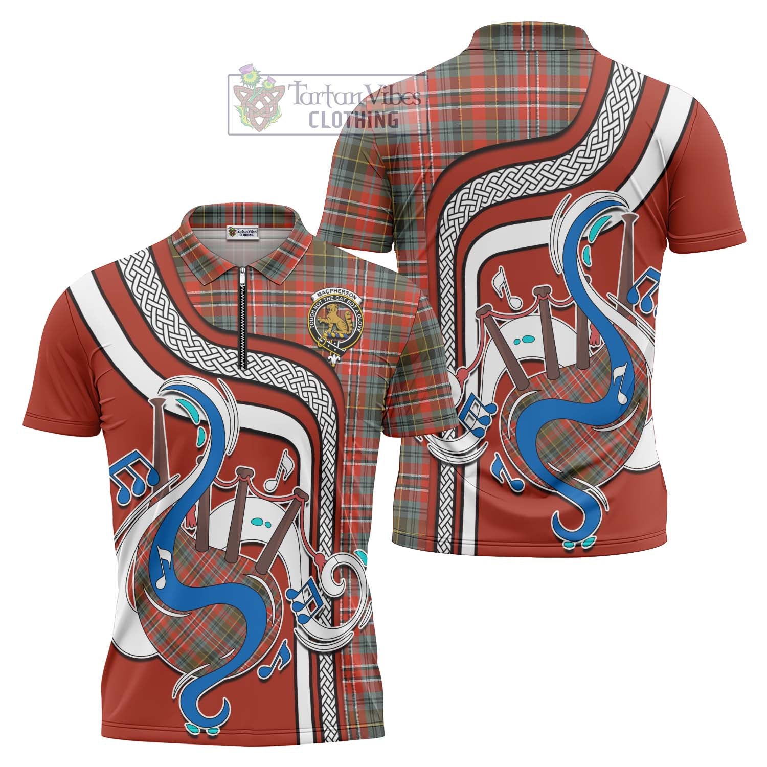 Tartan Vibes Clothing MacPherson Weathered Tartan Zipper Polo Shirt with Epic Bagpipe Style