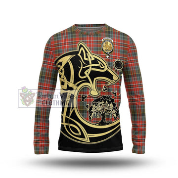 MacPherson Weathered Tartan Long Sleeve T-Shirt with Family Crest Celtic Wolf Style