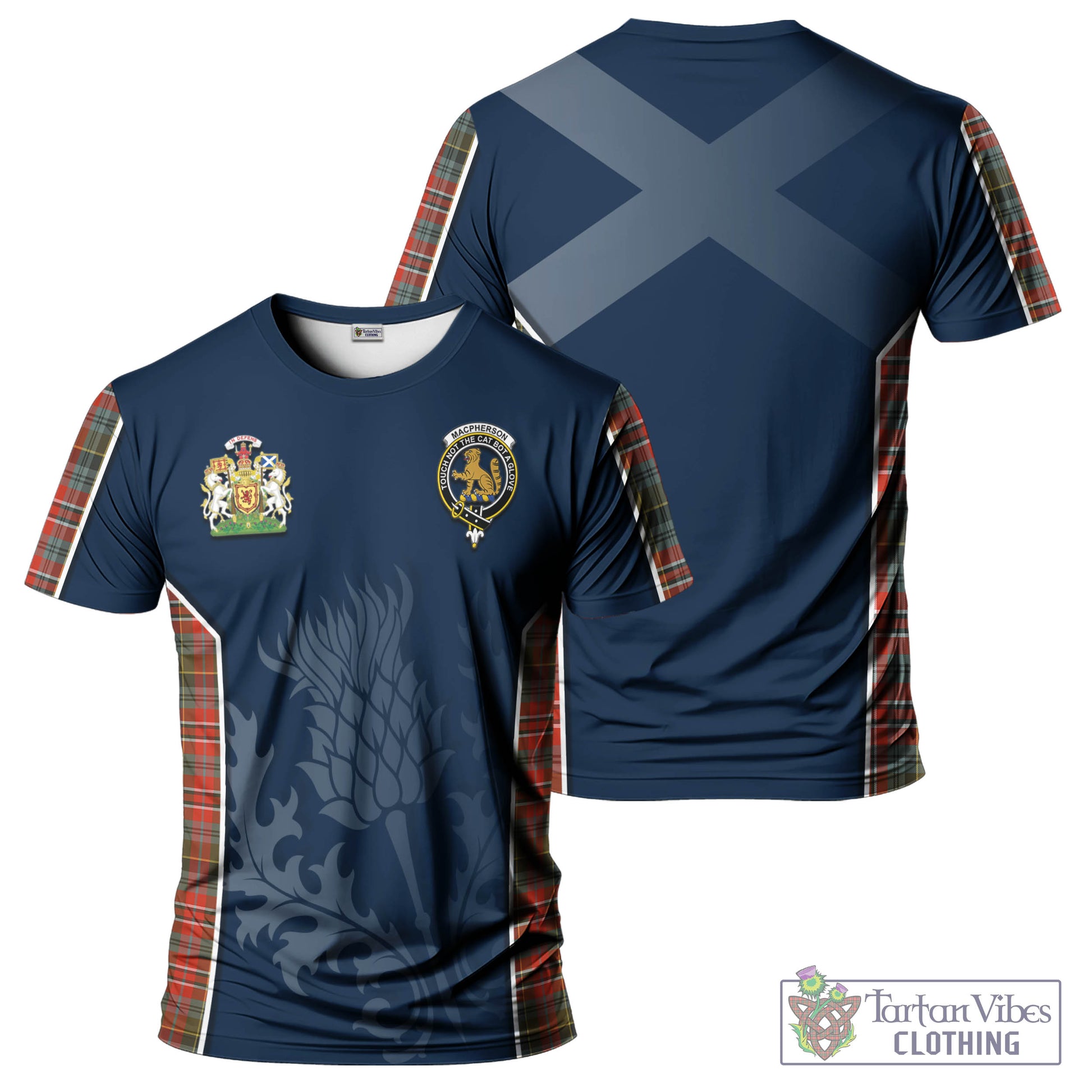 Tartan Vibes Clothing MacPherson Weathered Tartan T-Shirt with Family Crest and Scottish Thistle Vibes Sport Style