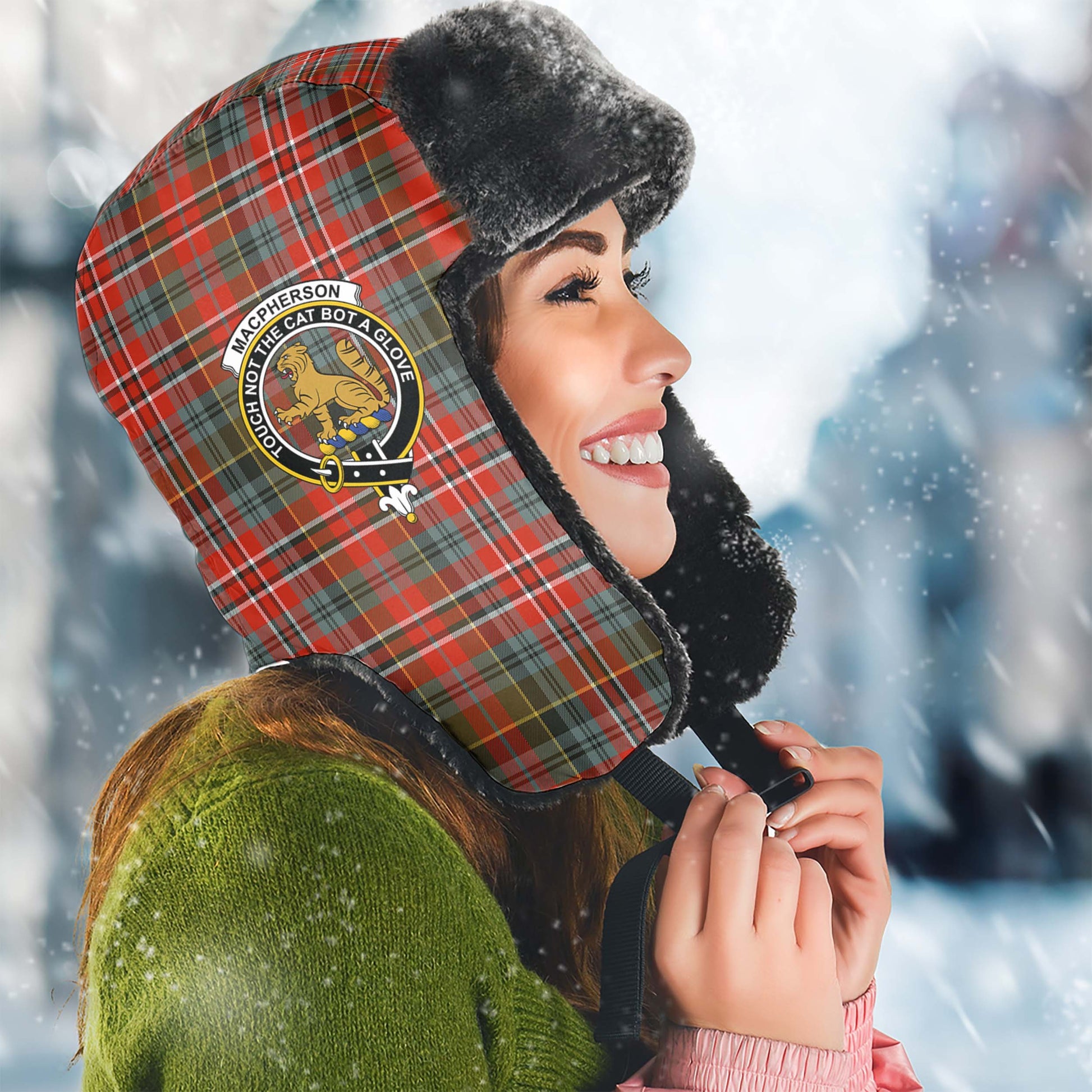 MacPherson Weathered Tartan Winter Trapper Hat with Family Crest Winter Trapper Hat Universal Fit Circumference 22.8in (58cm) - Tartanvibesclothing