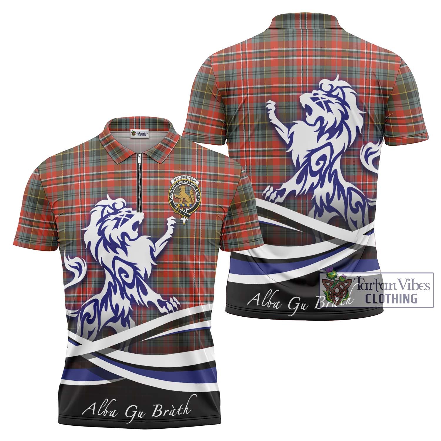 Tartan Vibes Clothing MacPherson Weathered Tartan Zipper Polo Shirt with Alba Gu Brath Regal Lion Emblem