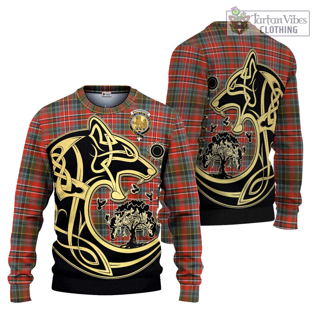 Tartan Vibes Clothing MacPherson Weathered Tartan Knitted Sweater with Family Crest Celtic Wolf Style