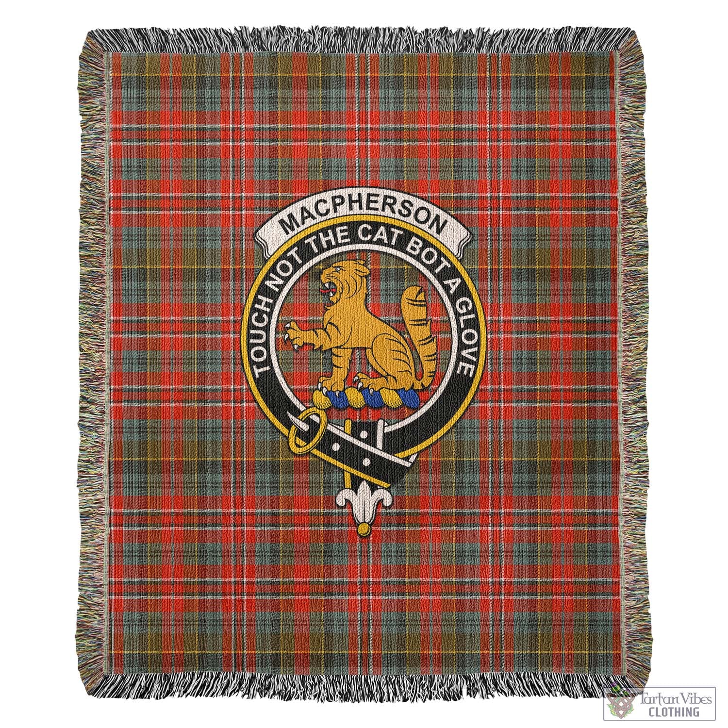 Tartan Vibes Clothing MacPherson Weathered Tartan Woven Blanket with Family Crest