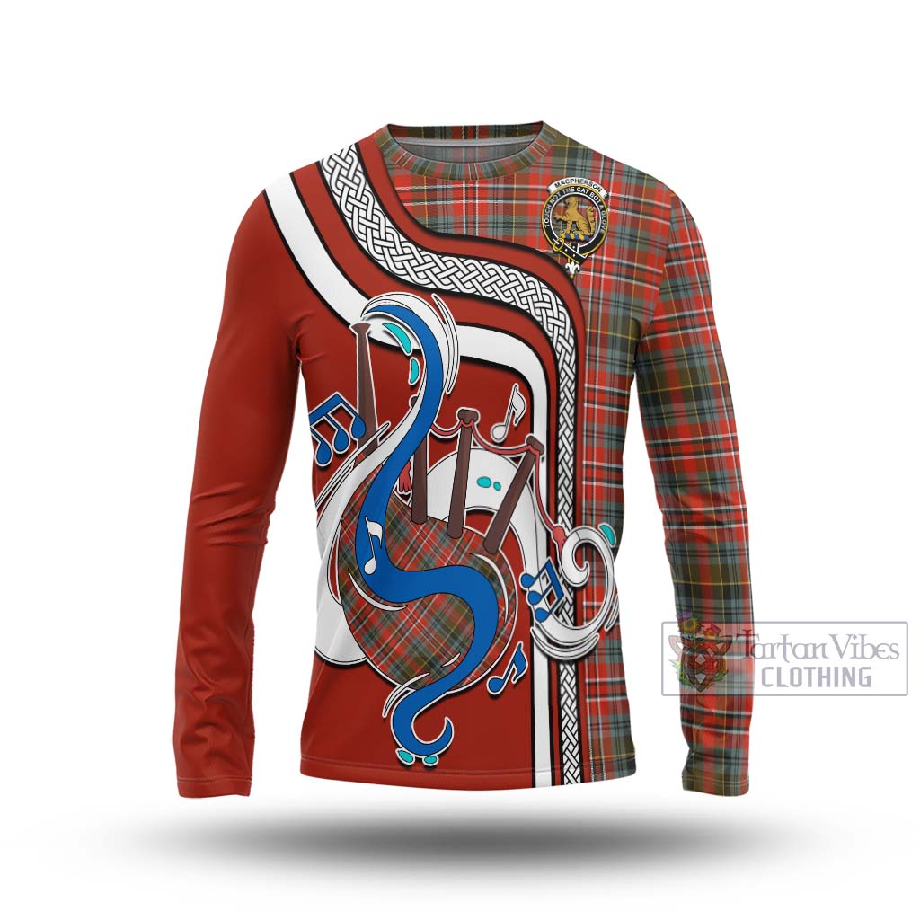 Tartan Vibes Clothing MacPherson Weathered Tartan Long Sleeve T-Shirt with Epic Bagpipe Style