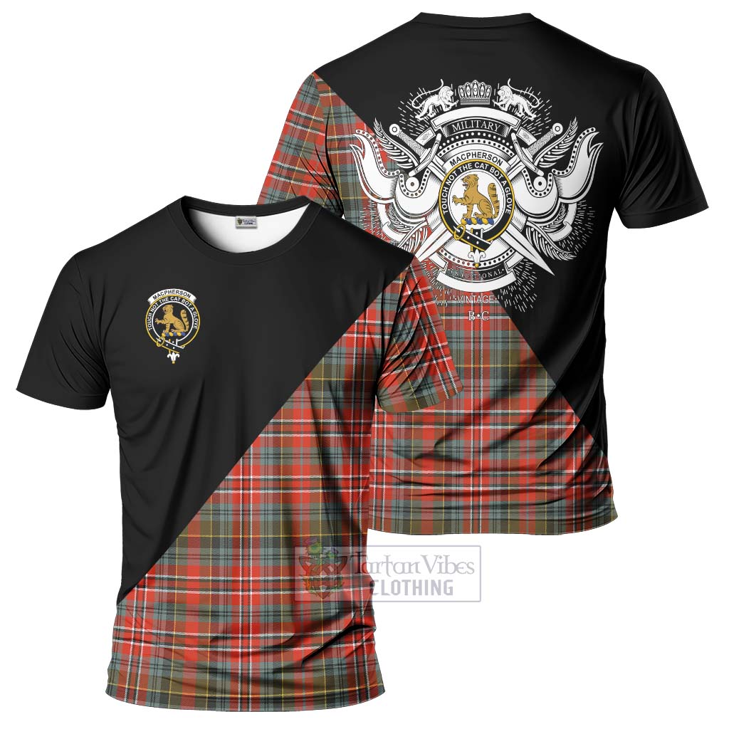 Tartan Vibes Clothing MacPherson Weathered Tartan T-Shirt with Family Crest and Military Logo Style