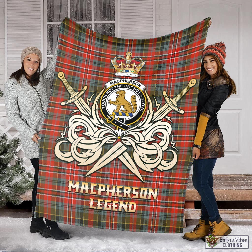 Tartan Vibes Clothing MacPherson Weathered Tartan Blanket with Clan Crest and the Golden Sword of Courageous Legacy