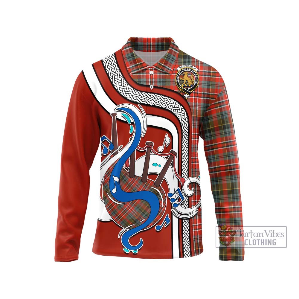 Tartan Vibes Clothing MacPherson Weathered Tartan Long Sleeve Polo Shirt with Epic Bagpipe Style