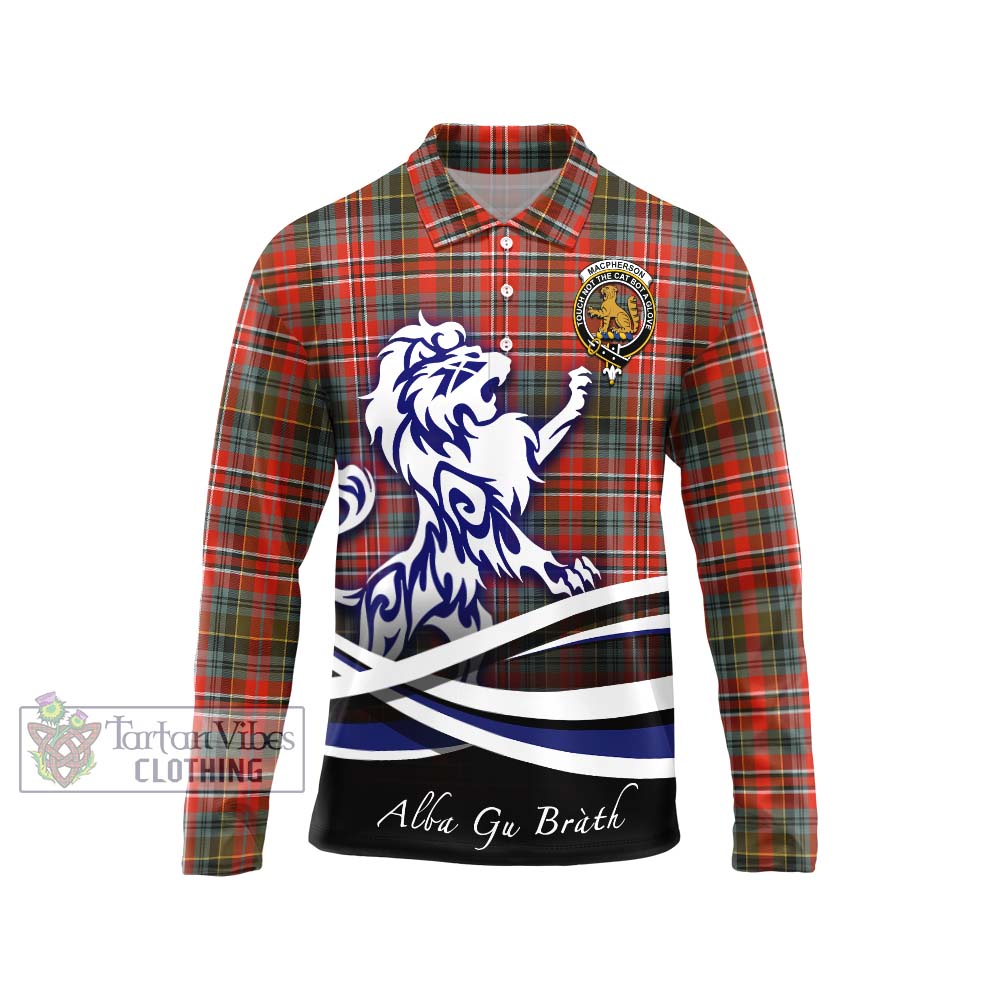 Tartan Vibes Clothing MacPherson Weathered Tartan Long Sleeve Polo Shirt with Alba Gu Brath Regal Lion Emblem