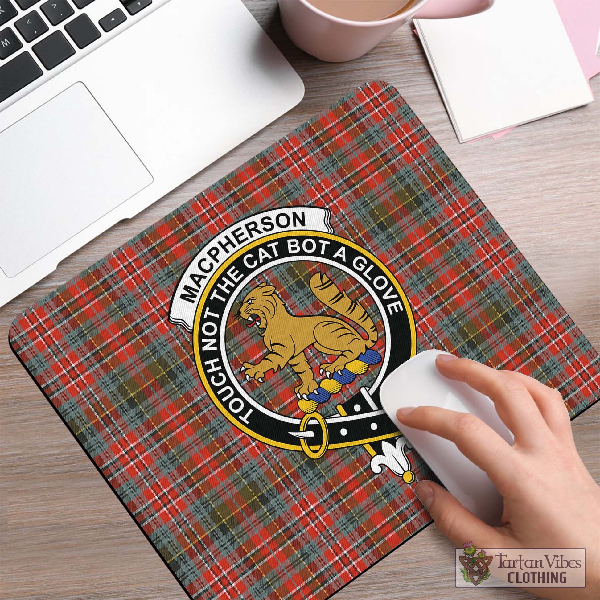 Tartan Vibes Clothing MacPherson Weathered Tartan Mouse Pad with Family Crest