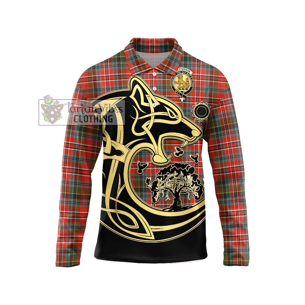 Tartan Vibes Clothing MacPherson Weathered Tartan Long Sleeve Polo Shirt with Family Crest Celtic Wolf Style