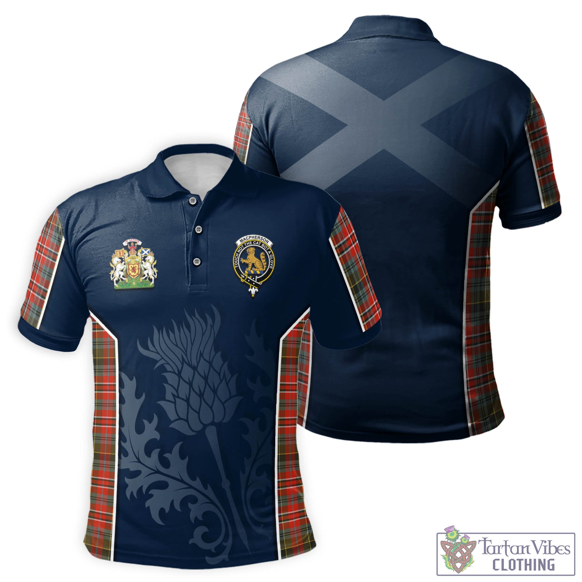 Tartan Vibes Clothing MacPherson Weathered Tartan Men's Polo Shirt with Family Crest and Scottish Thistle Vibes Sport Style
