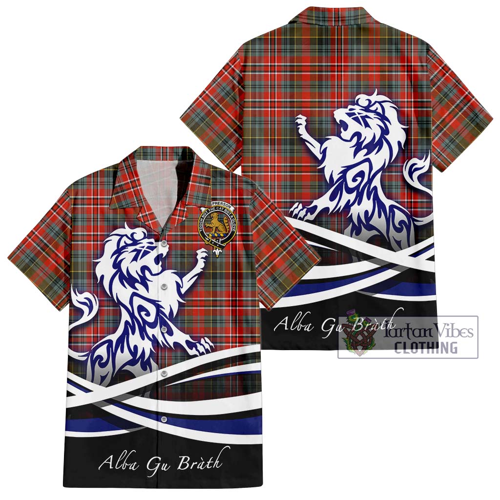 Tartan Vibes Clothing MacPherson Weathered Tartan Short Sleeve Button Shirt with Alba Gu Brath Regal Lion Emblem