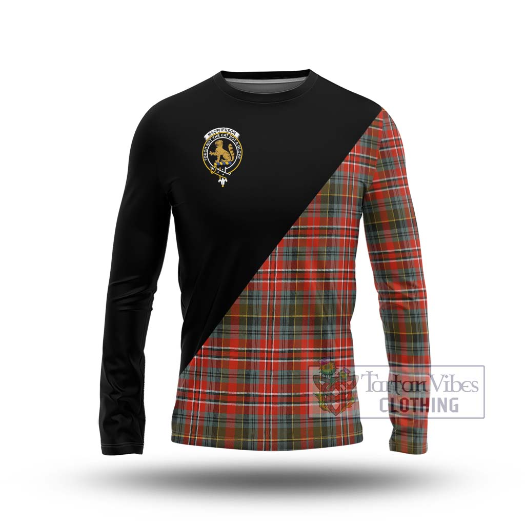 Tartan Vibes Clothing MacPherson Weathered Tartan Long Sleeve T-Shirt with Family Crest and Military Logo Style