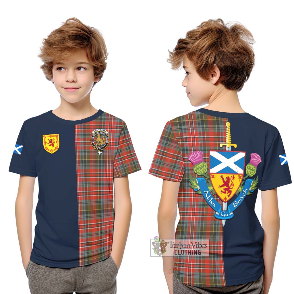 Tartan Vibes Clothing MacPherson Weathered Tartan Kid T-Shirt with Scottish Lion Royal Arm Half Style