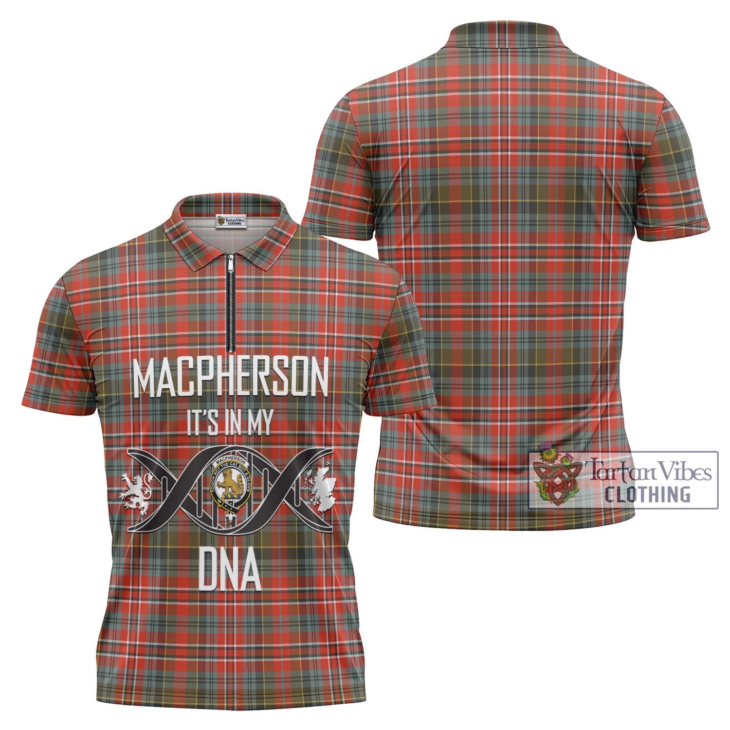 Tartan Vibes Clothing MacPherson Weathered Tartan Zipper Polo Shirt with Family Crest DNA In Me Style