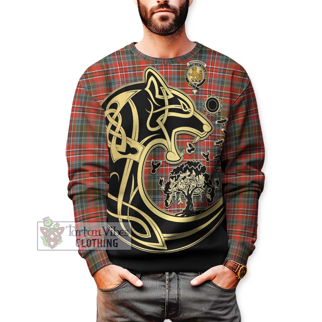 Tartan Vibes Clothing MacPherson Weathered Tartan Sweatshirt with Family Crest Celtic Wolf Style