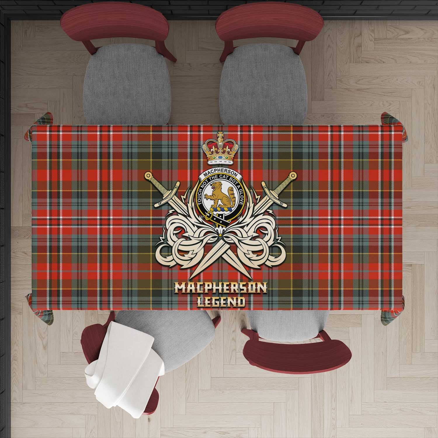 Tartan Vibes Clothing MacPherson Weathered Tartan Tablecloth with Clan Crest and the Golden Sword of Courageous Legacy