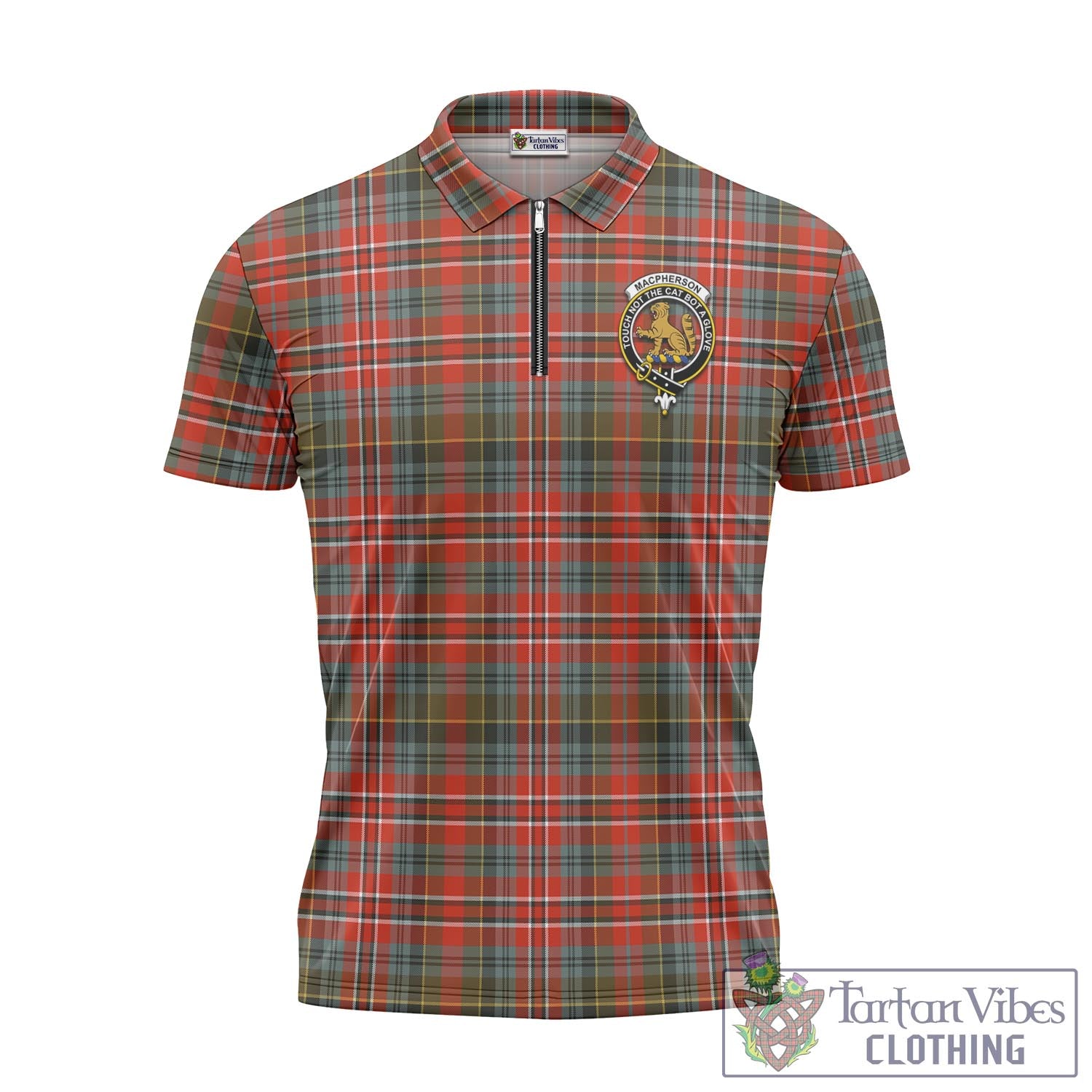 Tartan Vibes Clothing MacPherson Weathered Tartan Zipper Polo Shirt with Family Crest