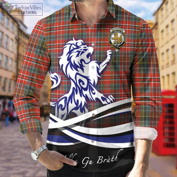 MacPherson Weathered Tartan Long Sleeve Button Up Shirt with Alba Gu Brath Regal Lion Emblem