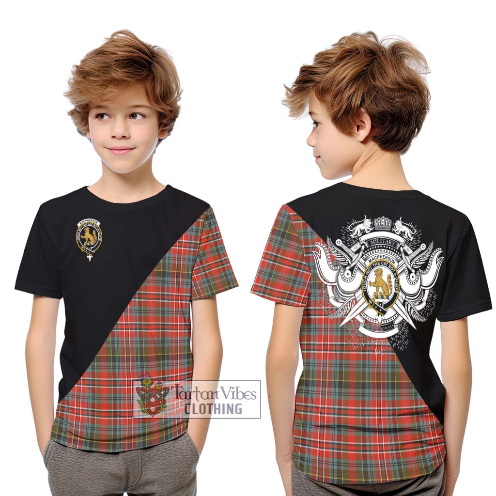 Tartan Vibes Clothing MacPherson Weathered Tartan Kid T-Shirt with Family Crest and Military Logo Style