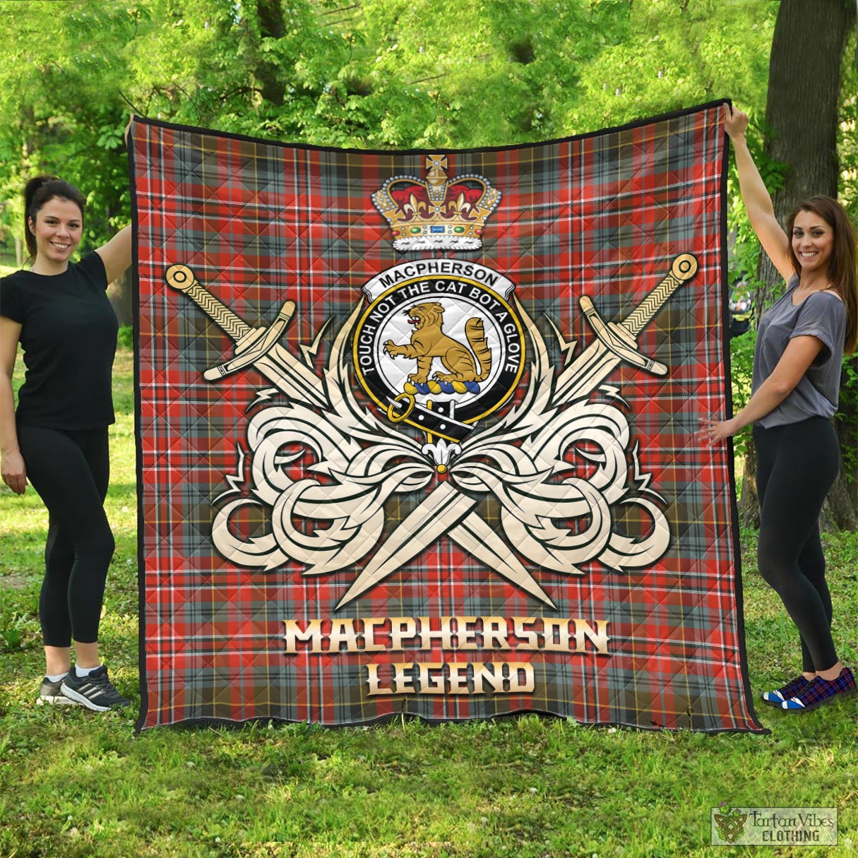 Tartan Vibes Clothing MacPherson Weathered Tartan Quilt with Clan Crest and the Golden Sword of Courageous Legacy