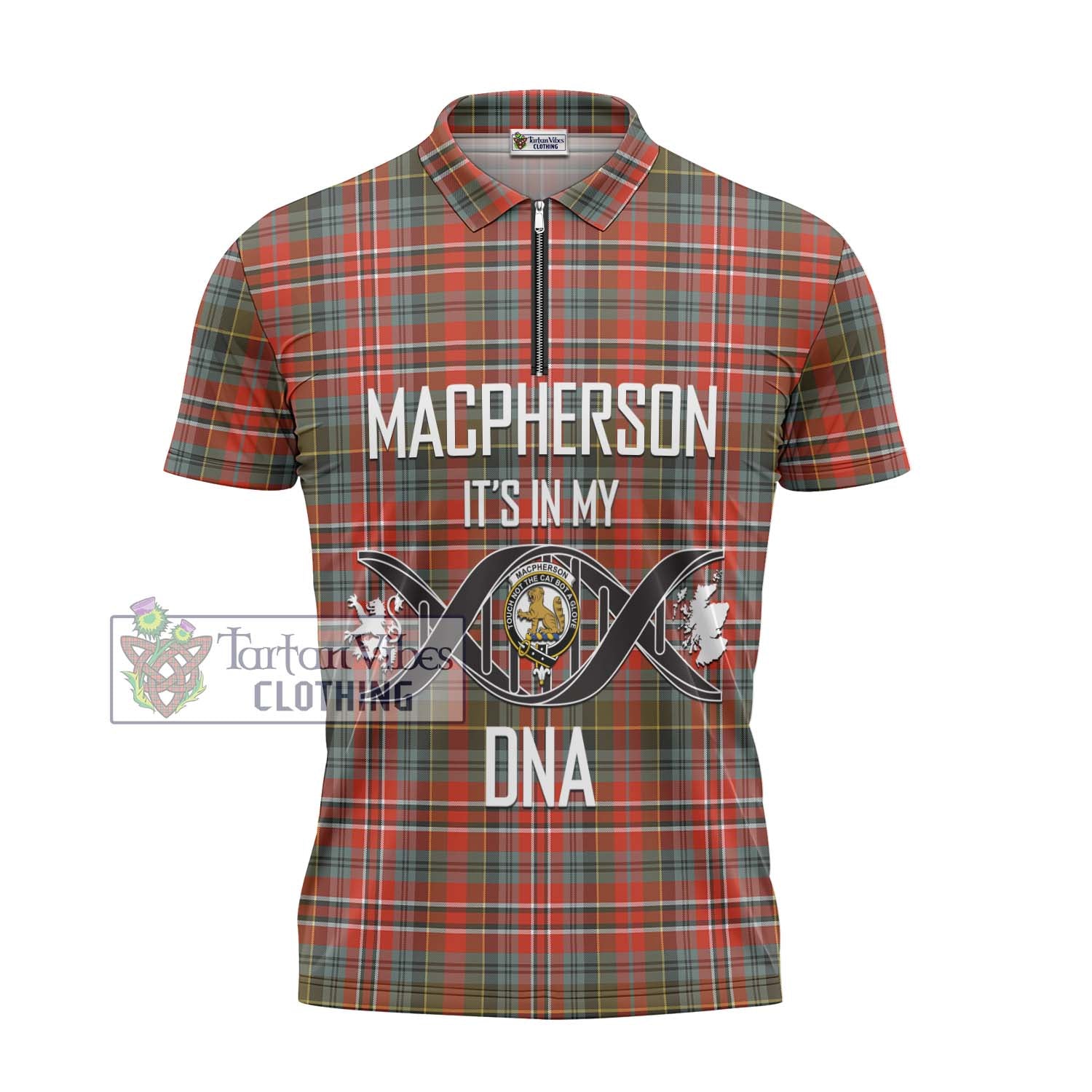 Tartan Vibes Clothing MacPherson Weathered Tartan Zipper Polo Shirt with Family Crest DNA In Me Style