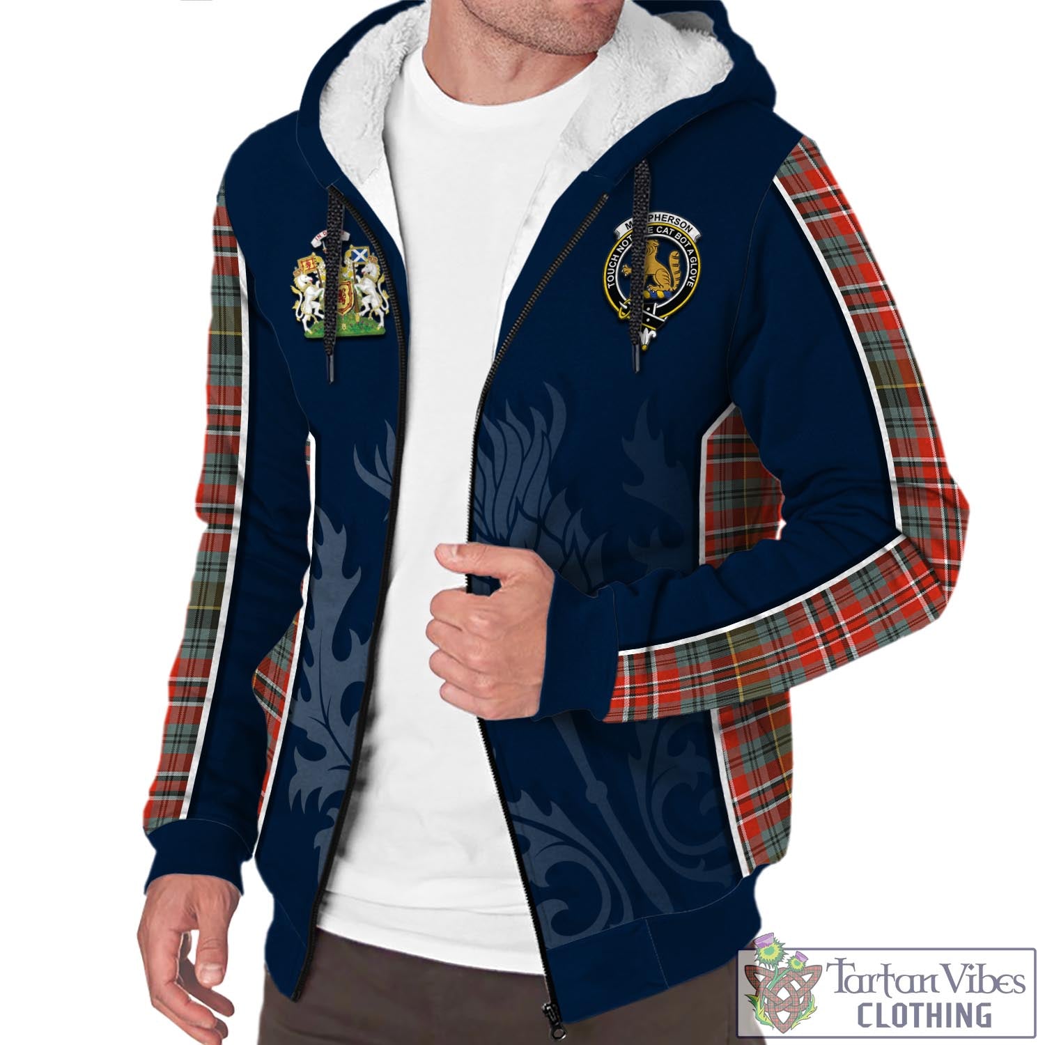 Tartan Vibes Clothing MacPherson Weathered Tartan Sherpa Hoodie with Family Crest and Scottish Thistle Vibes Sport Style