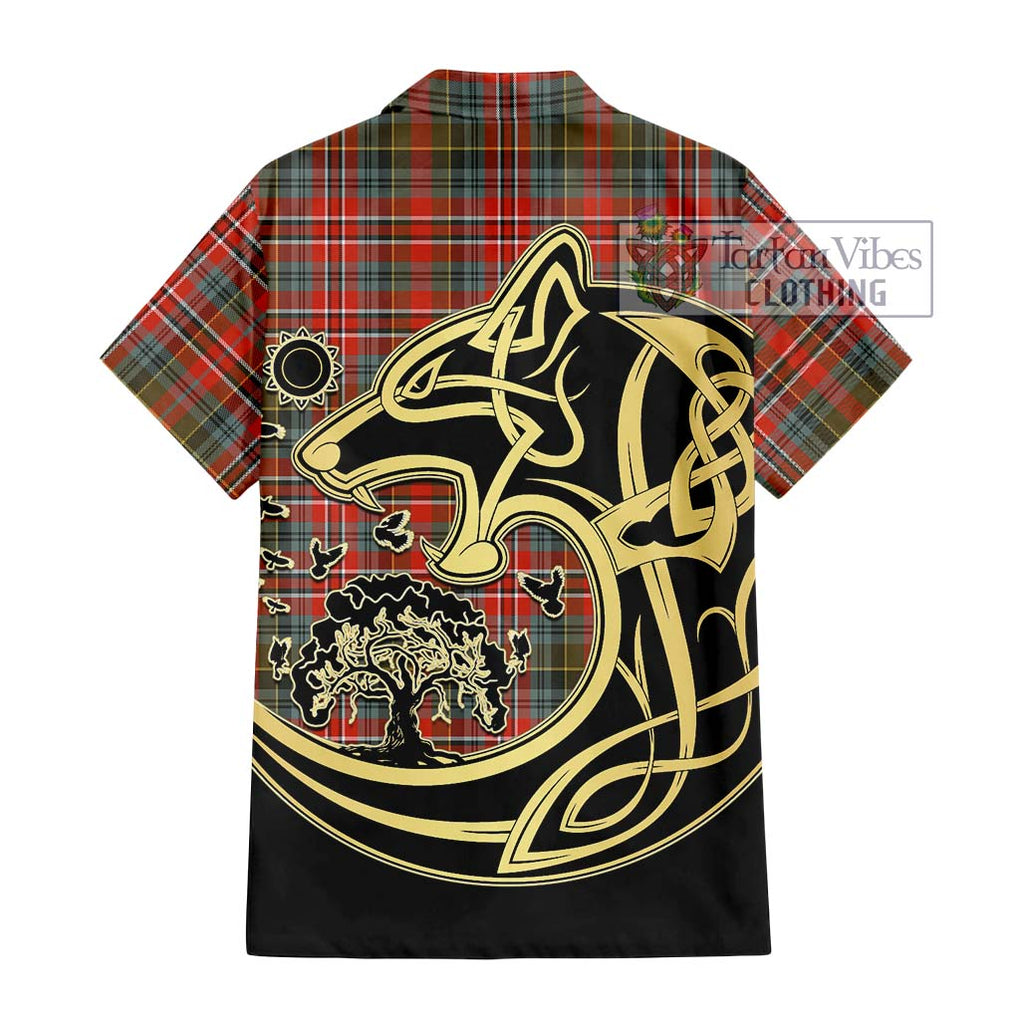 MacPherson Weathered Tartan Short Sleeve Button Shirt with Family Crest Celtic Wolf Style - Tartan Vibes Clothing