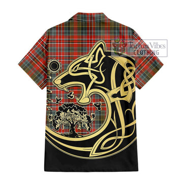 MacPherson Weathered Tartan Short Sleeve Button Shirt with Family Crest Celtic Wolf Style