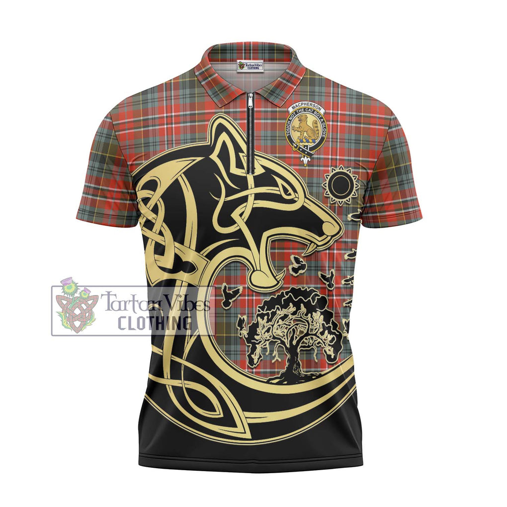 MacPherson Weathered Tartan Zipper Polo Shirt with Family Crest Celtic Wolf Style - Tartanvibesclothing Shop