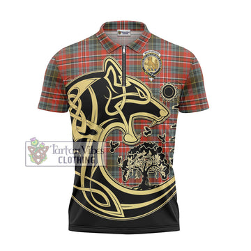 MacPherson Weathered Tartan Zipper Polo Shirt with Family Crest Celtic Wolf Style