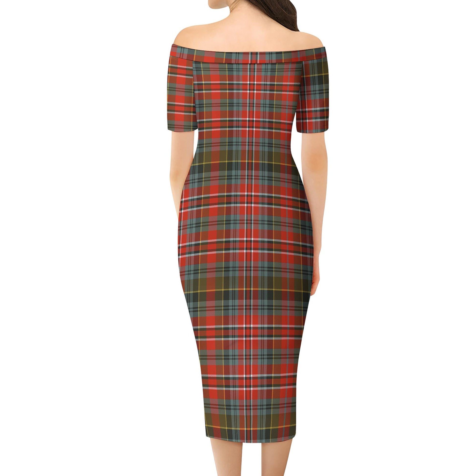 MacPherson Weathered Tartan Off Shoulder Lady Dress - Tartanvibesclothing