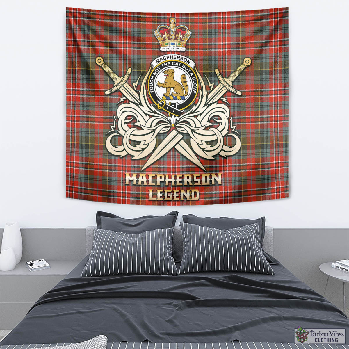 Tartan Vibes Clothing MacPherson Weathered Tartan Tapestry with Clan Crest and the Golden Sword of Courageous Legacy