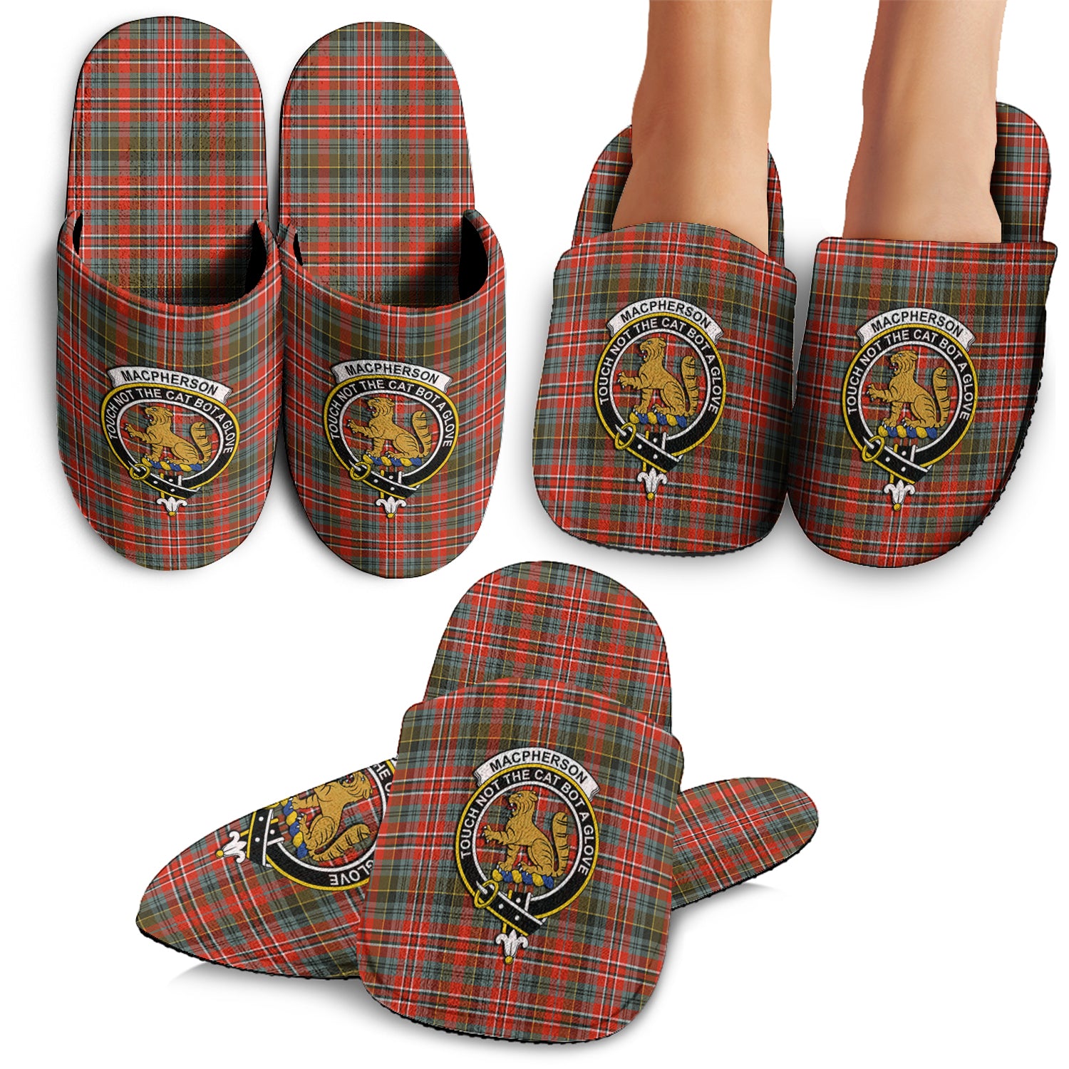 MacPherson Weathered Tartan Home Slippers with Family Crest - Tartanvibesclothing