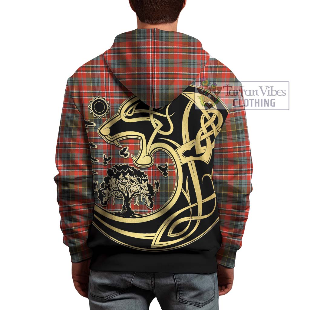 Tartan Vibes Clothing MacPherson Weathered Tartan Hoodie with Family Crest Celtic Wolf Style