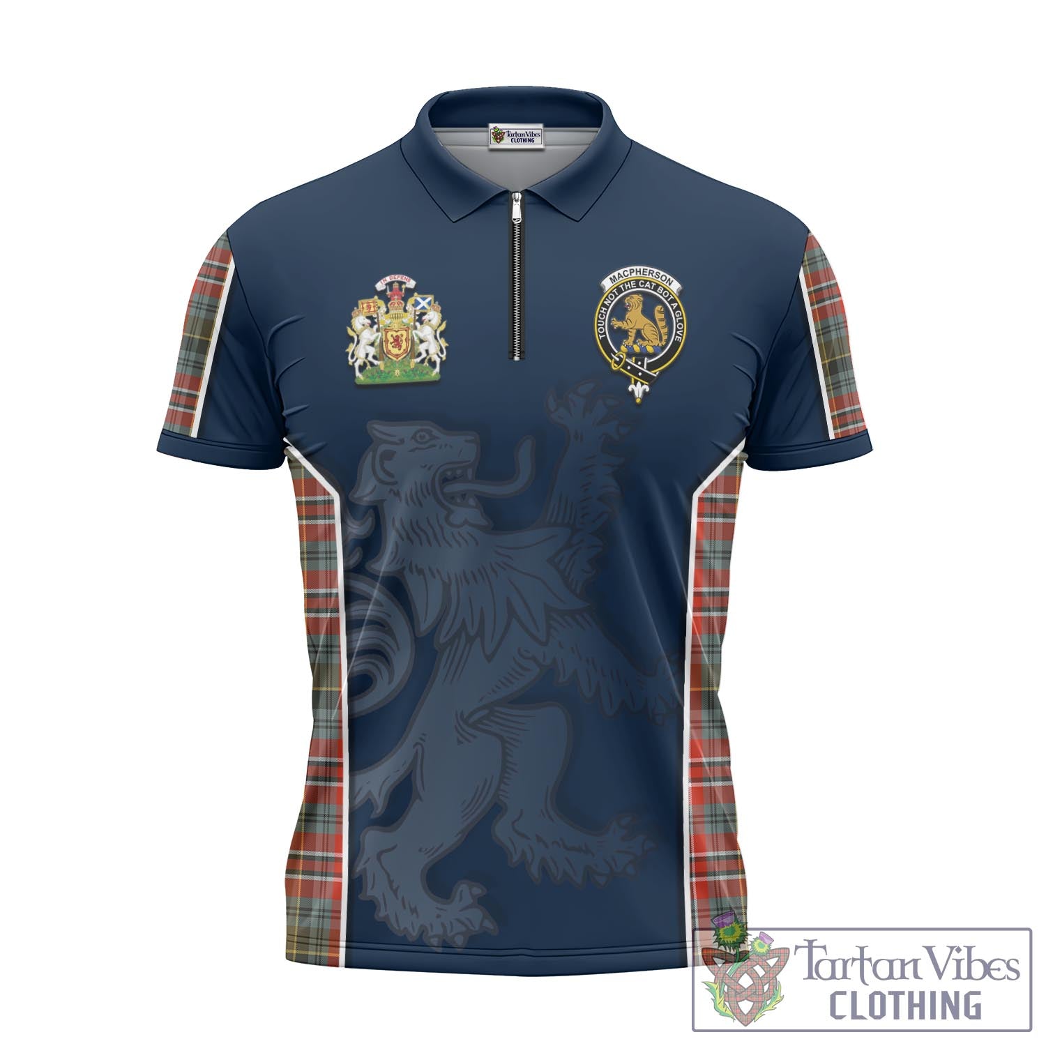 Tartan Vibes Clothing MacPherson Weathered Tartan Zipper Polo Shirt with Family Crest and Lion Rampant Vibes Sport Style