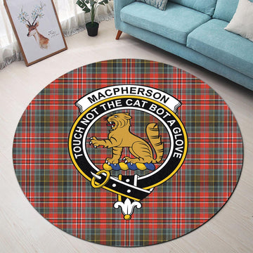 MacPherson Weathered Tartan Round Rug with Family Crest