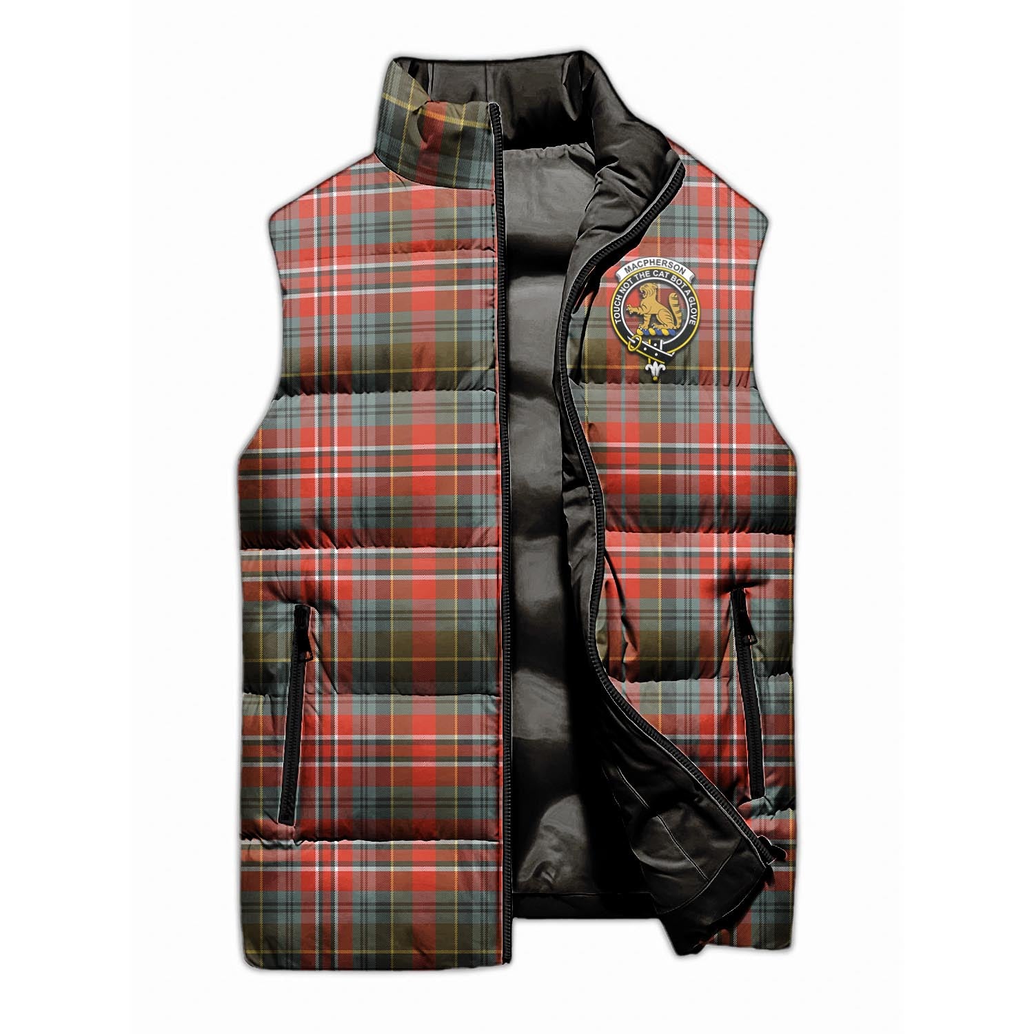 MacPherson Weathered Tartan Sleeveless Puffer Jacket with Family Crest - Tartanvibesclothing