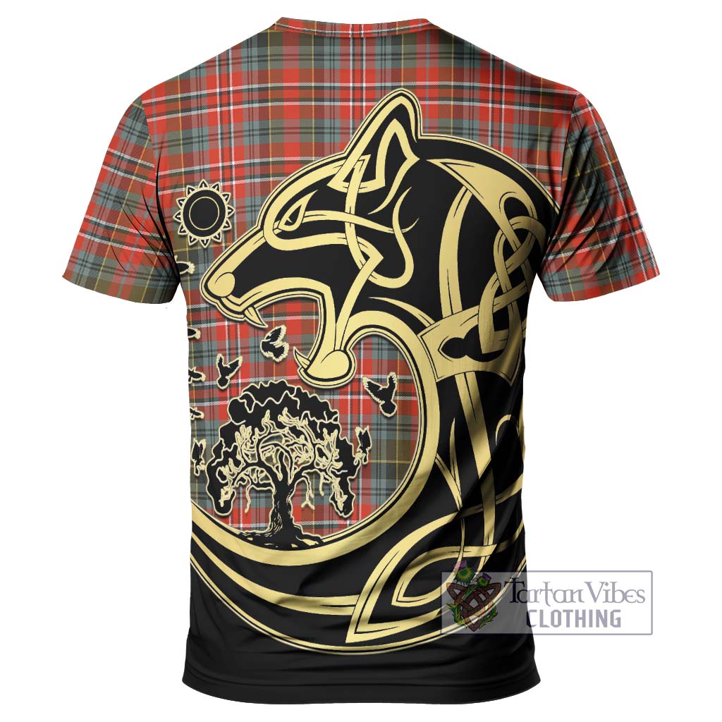 Tartan Vibes Clothing MacPherson Weathered Tartan T-Shirt with Family Crest Celtic Wolf Style