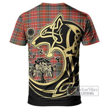 MacPherson Weathered Tartan T-Shirt with Family Crest Celtic Wolf Style