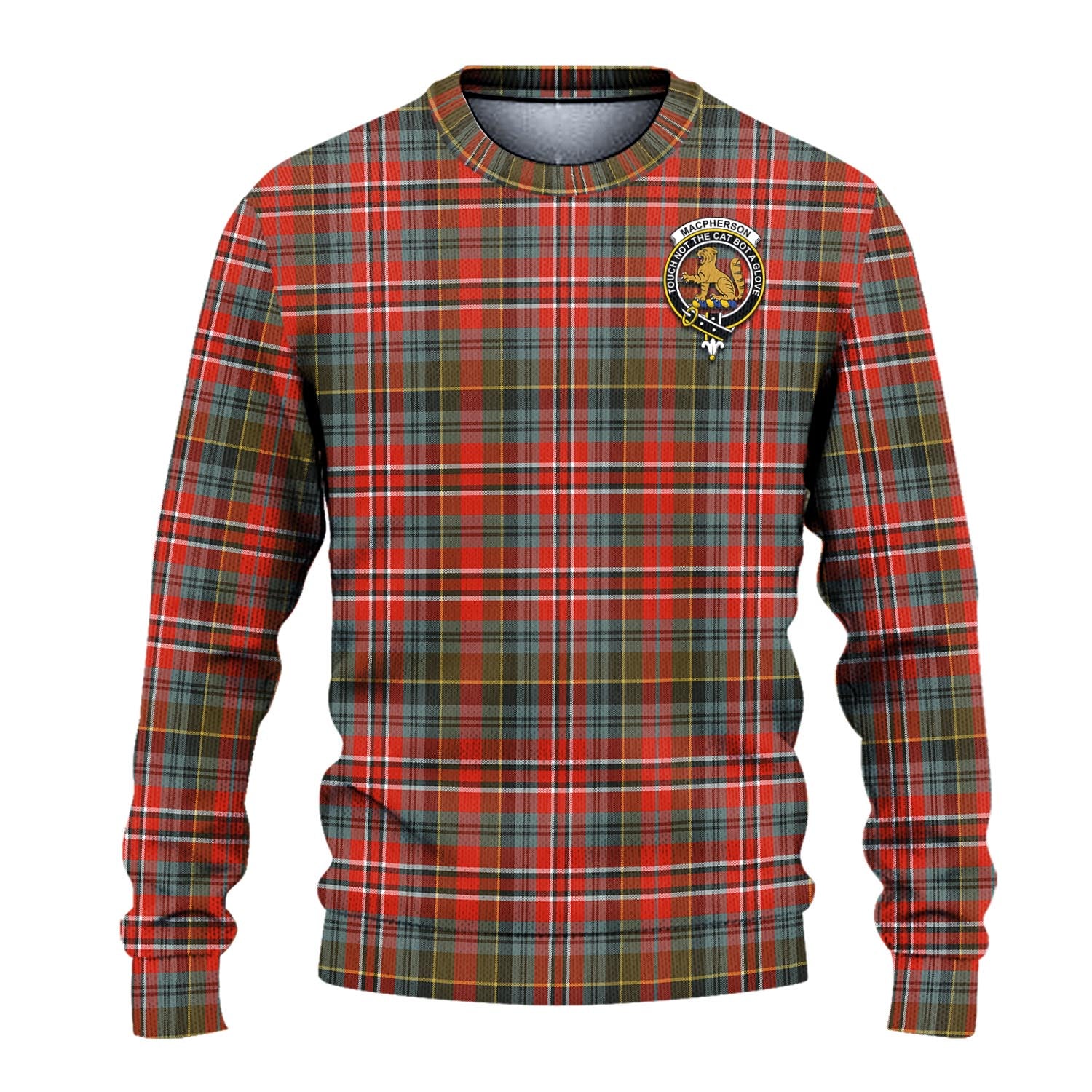 MacPherson Weathered Tartan Knitted Sweater with Family Crest - Tartanvibesclothing