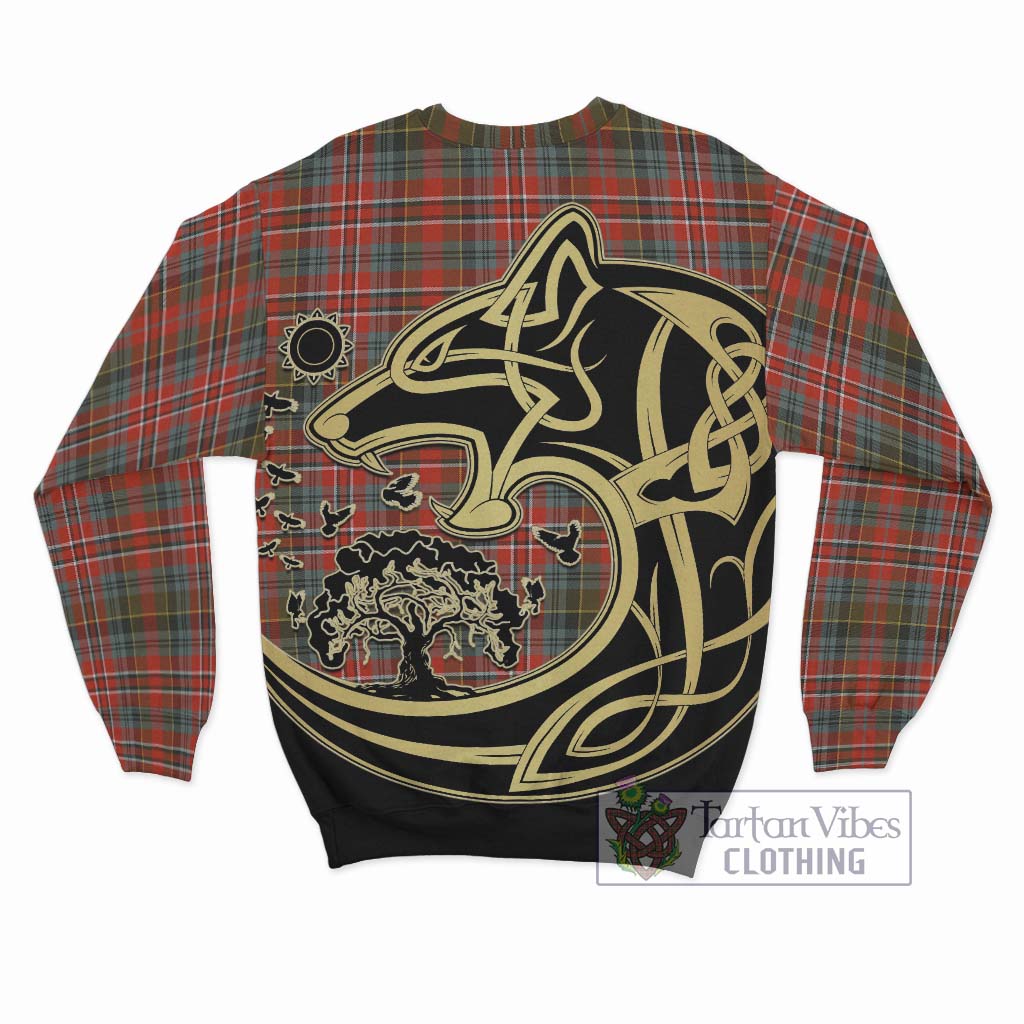 Tartan Vibes Clothing MacPherson Weathered Tartan Sweatshirt with Family Crest Celtic Wolf Style