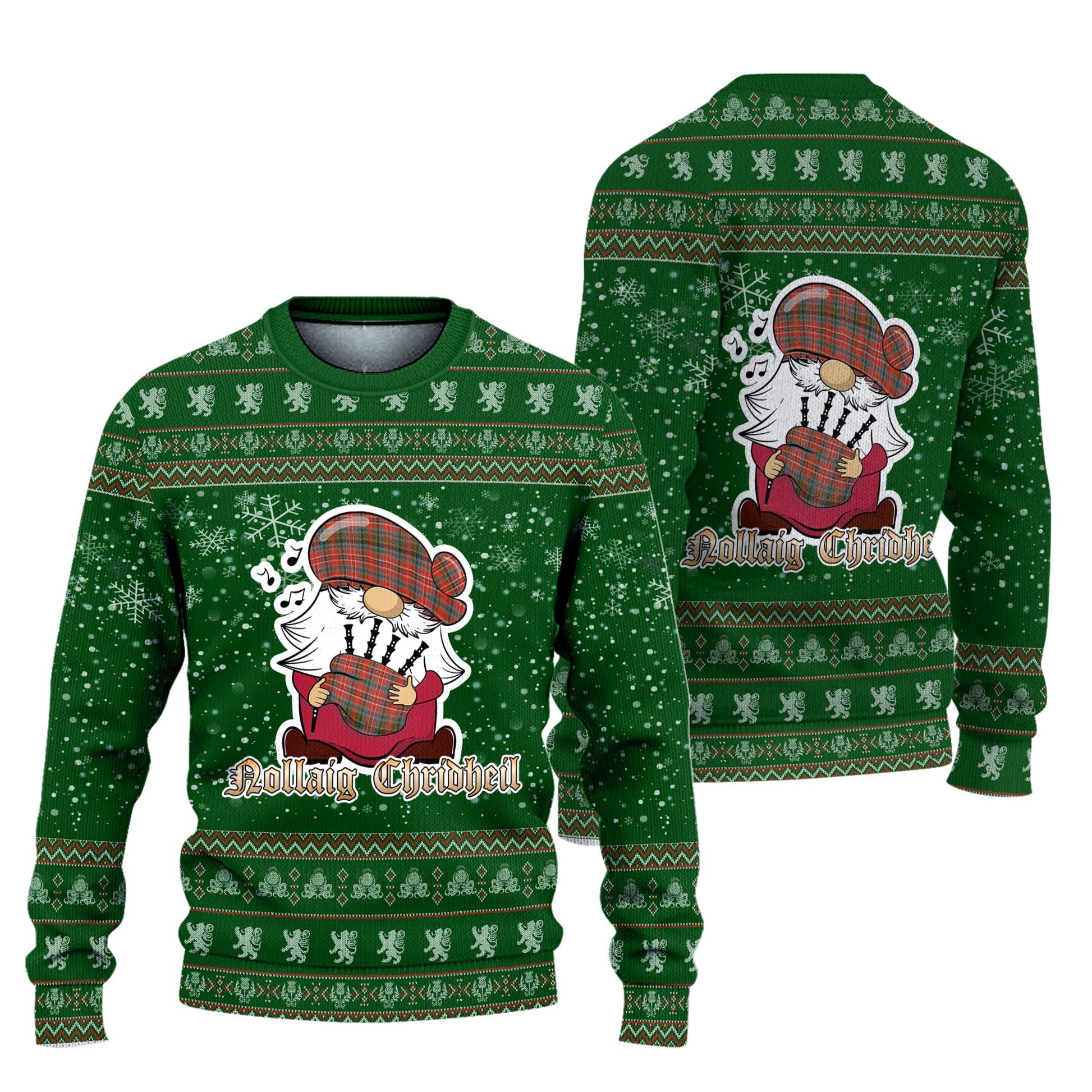 MacPherson Weathered Clan Christmas Family Knitted Sweater with Funny Gnome Playing Bagpipes Unisex Green - Tartanvibesclothing