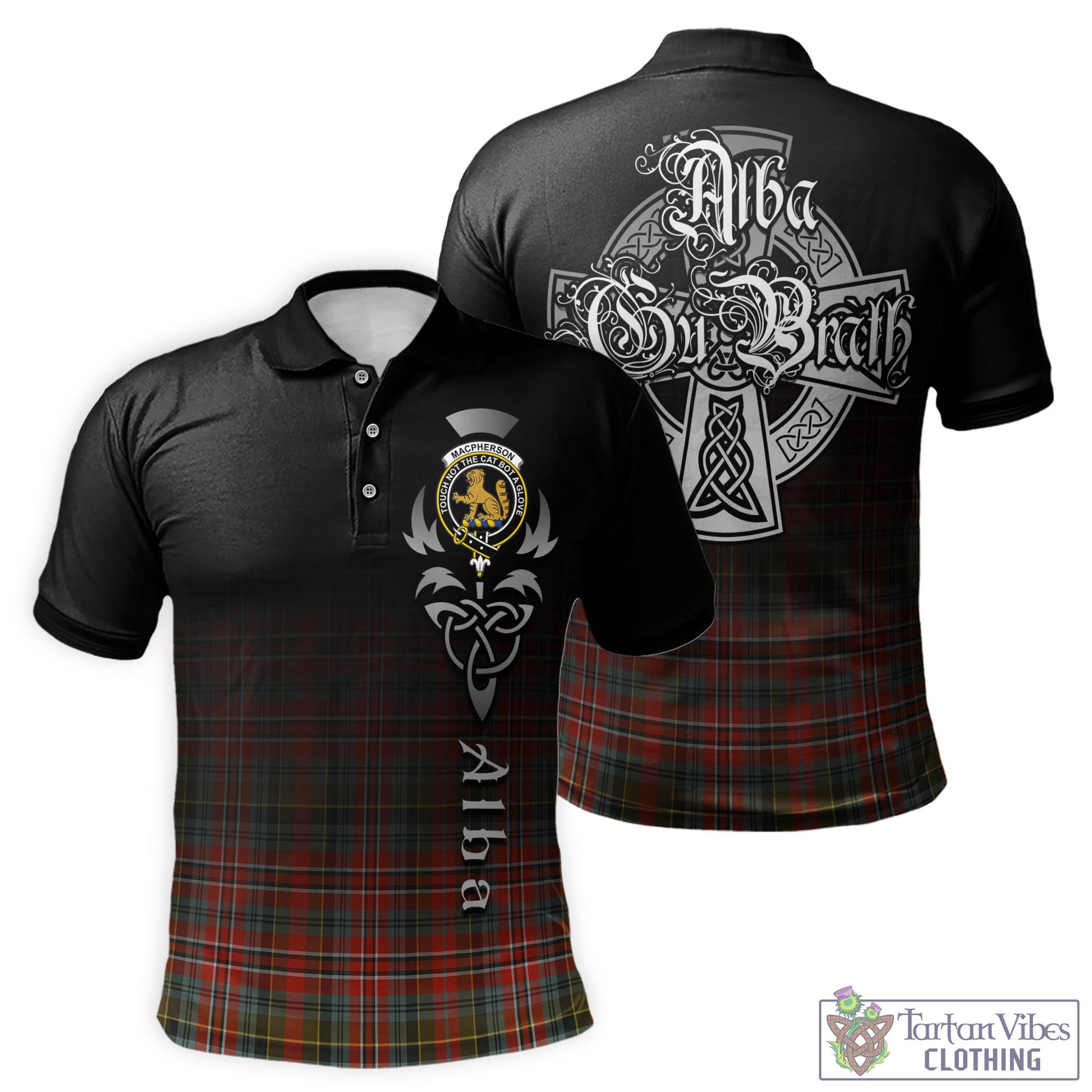 Tartan Vibes Clothing MacPherson Weathered Tartan Polo Shirt Featuring Alba Gu Brath Family Crest Celtic Inspired