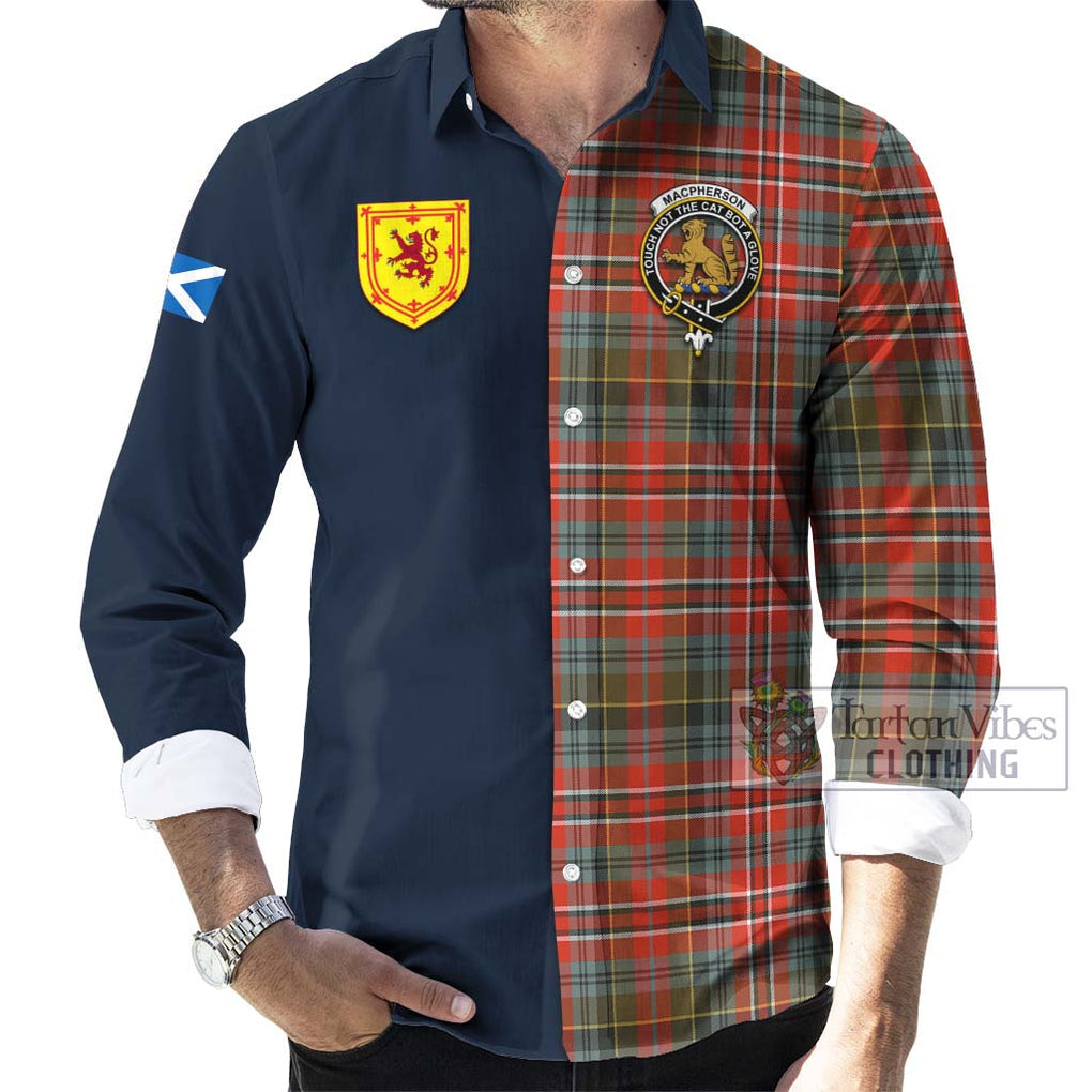 Tartan Vibes Clothing MacPherson Weathered Tartan Long Sleeve Button Shirt with Scottish Lion Royal Arm Half Style