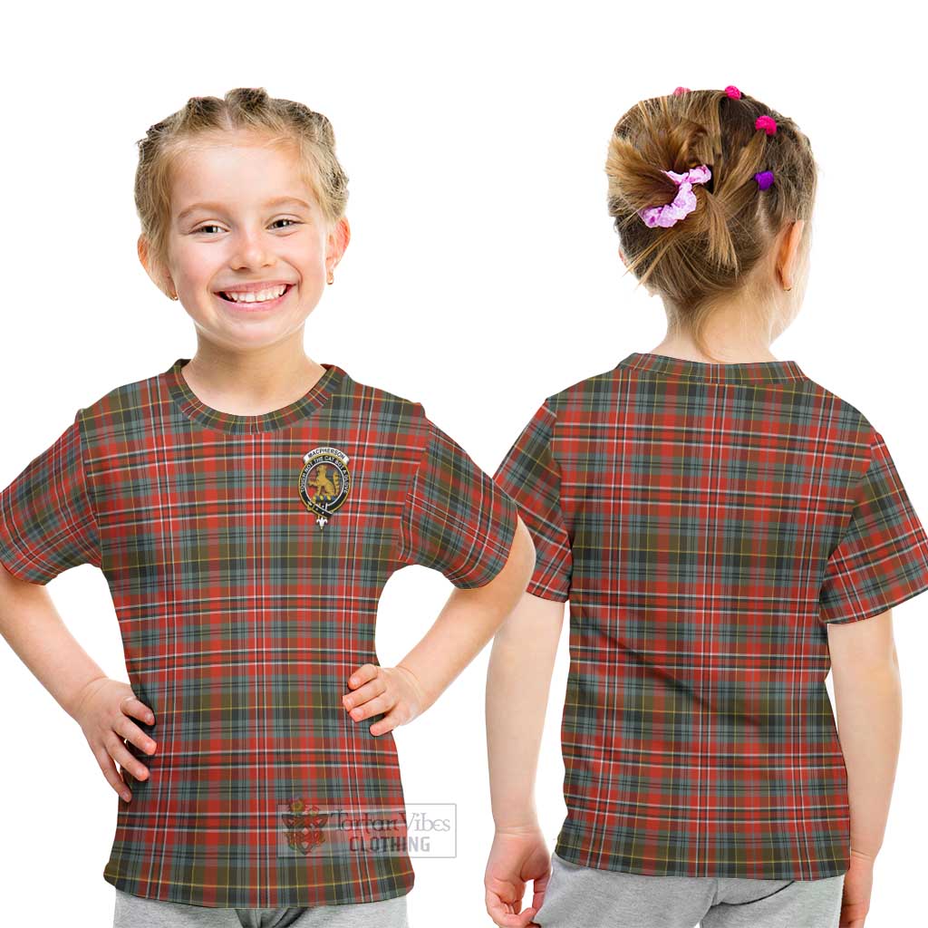 Tartan Vibes Clothing MacPherson Weathered Tartan Kid T-Shirt with Family Crest