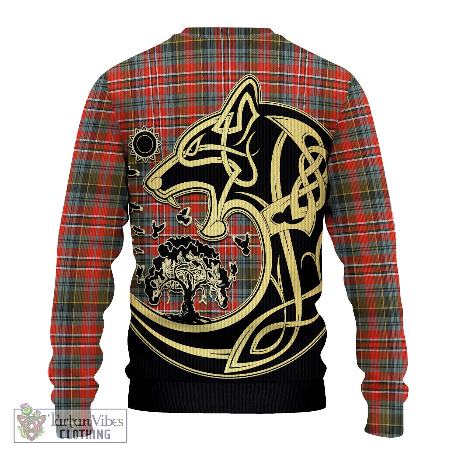 Tartan Vibes Clothing MacPherson Weathered Tartan Knitted Sweater with Family Crest Celtic Wolf Style